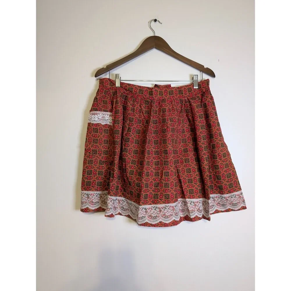 Vintage Handmade Christmas Apron Red Geometric Floral Lace Trim Cottagecore